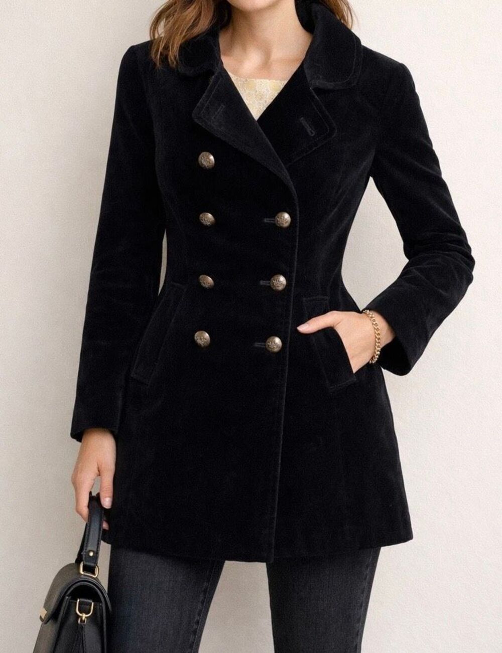 J.Crew Black Velvet Double Breasted Peacoat Coat Estimated Size 4 - Picture 1 of 12